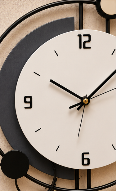 Black ring wall clock with a white dial, small digital display and vertical bar accents, 18 x 30 cm - close-up of the white dial and charcoal arc