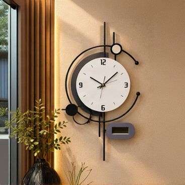 Black ring wall clock with a white dial, small digital display and vertical bar accents, 18 x 30 cm - styled above a console table