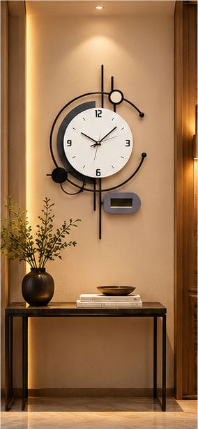 Black ring wall clock with a white dial, small digital display and vertical bar accents, 18 x 30 cm - styled in a hallway