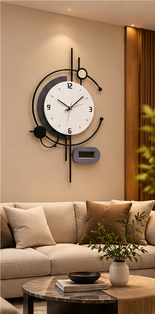 Black ring wall clock with a white dial, small digital display and vertical bar accents, 18 x 30 cm - styled in a living room