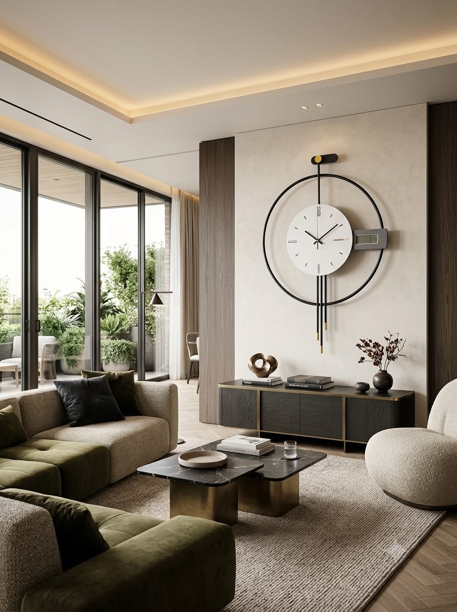 Black ring wall clock with a white dial, side digital display and twin gold-tipped hanging rods, 20 x 30 cm