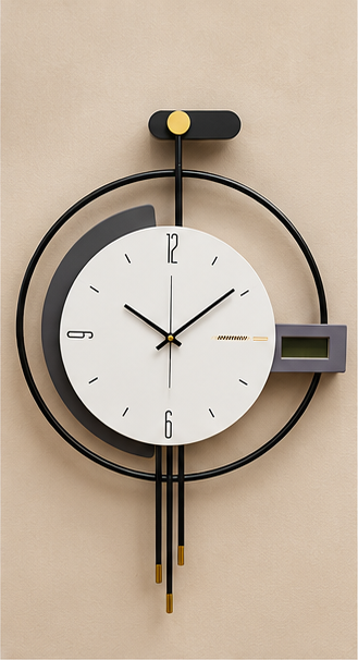 Black ring wall clock with a white dial, side digital display and twin gold-tipped hanging rods, 20 x 30 cm