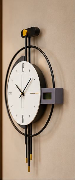 Black ring wall clock with a white dial, side digital display and twin gold-tipped hanging rods, 20 x 30 cm - angled view on the wall