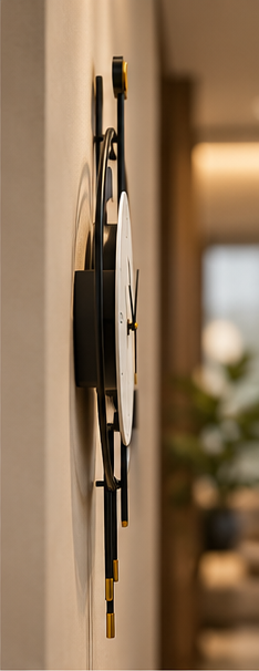Black ring wall clock with a white dial, side digital display and twin gold-tipped hanging rods, 20 x 30 cm - side profile showing the twin rods