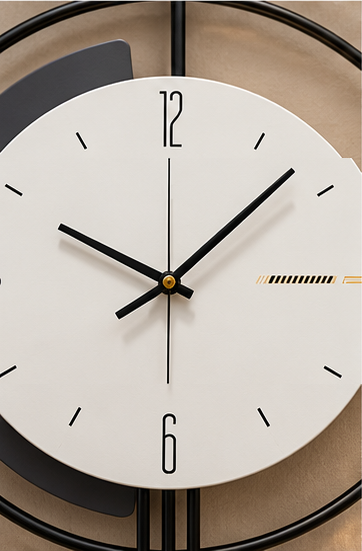 Black ring wall clock with a white dial, side digital display and twin gold-tipped hanging rods, 20 x 30 cm - close-up of the white dial