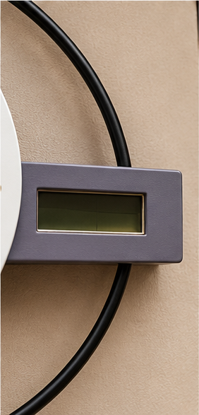 Black ring wall clock with a white dial, side digital display and twin gold-tipped hanging rods, 20 x 30 cm - close-up of the side digital display