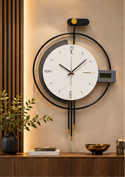 Black ring wall clock with a white dial, side digital display and twin gold-tipped hanging rods, 20 x 30 cm - styled above a console table