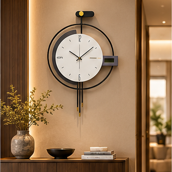 Black ring wall clock with a white dial, side digital display and twin gold-tipped hanging rods, 20 x 30 cm - styled in a hallway