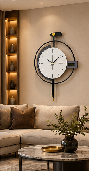 Black ring wall clock with a white dial, side digital display and twin gold-tipped hanging rods, 20 x 30 cm - styled in a living room