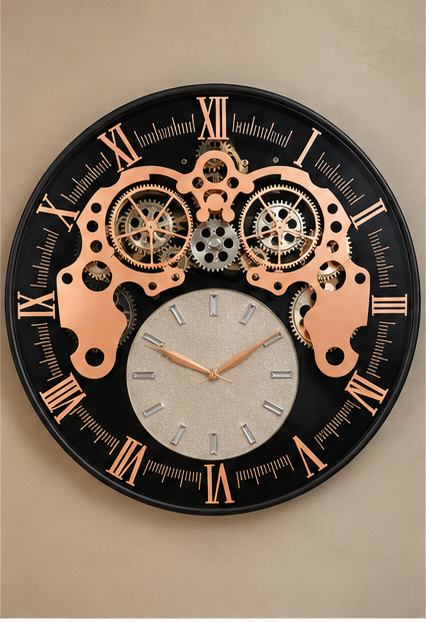 Black and rose gold gear wall clock with exposed cogs and a textured stone sub-dial, 40 cm