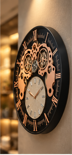 Black and rose gold gear wall clock with exposed cogs and a textured stone sub-dial, 40 cm - angled view on the wall