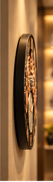 Black and rose gold gear wall clock with exposed cogs and a textured stone sub-dial, 40 cm - side profile showing depth from the wall