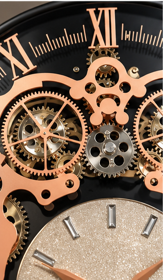 Black and rose gold gear wall clock with exposed cogs and a textured stone sub-dial, 40 cm - close-up of the gear mechanism