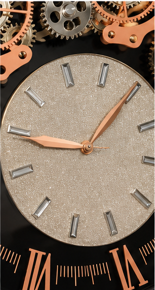 Black and rose gold gear wall clock with exposed cogs and a textured stone sub-dial, 40 cm - close-up of the dial