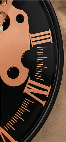 Black and rose gold gear wall clock with exposed cogs and a textured stone sub-dial, 40 cm - close-up of the rim and numerals