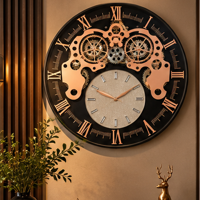 Black and rose gold gear wall clock with exposed cogs and a textured stone sub-dial, 40 cm - styled above a console table