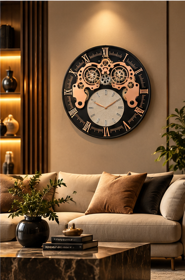 Black and rose gold gear wall clock with exposed cogs and a textured stone sub-dial, 40 cm - styled in a living room