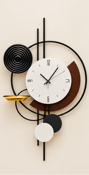 Black spiral and gold dish wall clock with offset black and white circles, 20 x 30 cm