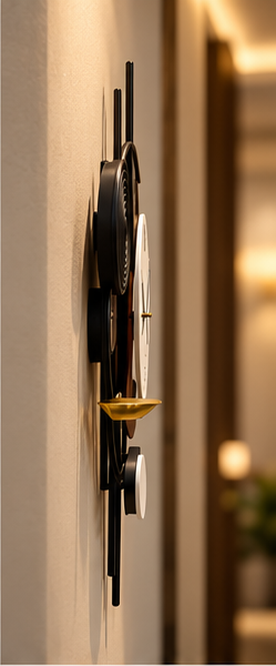 Black spiral and gold dish wall clock with offset black and white circles, 20 x 30 cm - side profile showing depth from the wall