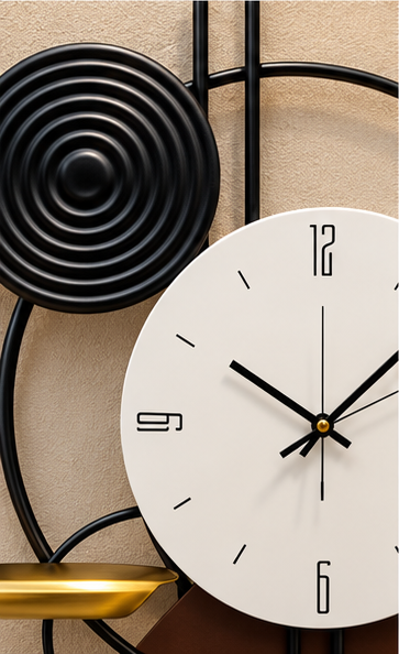 Black spiral and gold dish wall clock with offset black and white circles, 20 x 30 cm - close-up of the spiral disc and dial