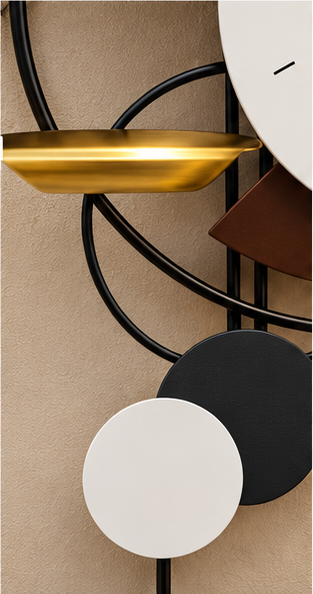 Black spiral and gold dish wall clock with offset black and white circles, 20 x 30 cm - close-up of the gold dish and circles