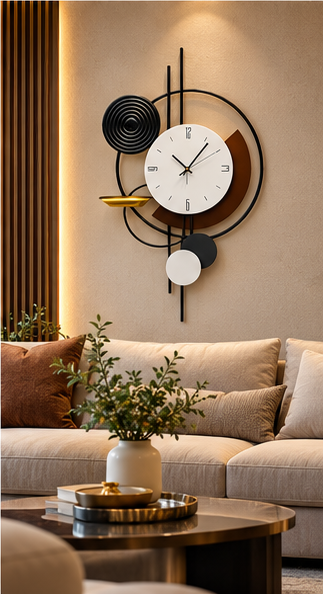 Black spiral and gold dish wall clock with offset black and white circles, 20 x 30 cm - styled in a living room