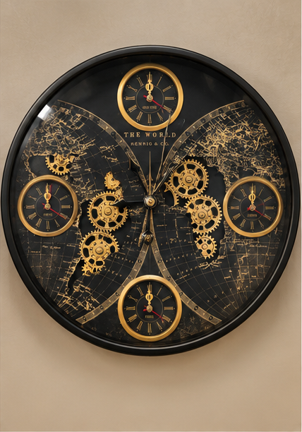 Black world map gear wall clock with gold cogs and world time sub-dials, 40 cm