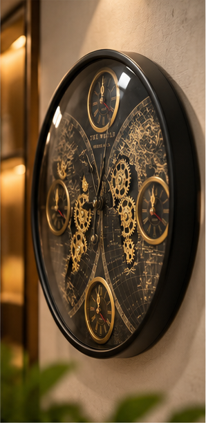 Black world map gear wall clock with gold cogs and world time sub-dials, 40 cm - angled view on the wall