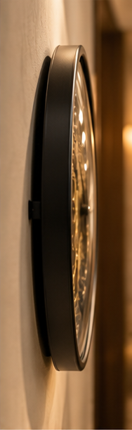 Black world map gear wall clock with gold cogs and world time sub-dials, 40 cm - side profile showing depth from the wall
