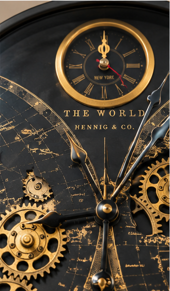 Black world map gear wall clock with gold cogs and world time sub-dials, 40 cm - close-up of the gold cogs and map engraving