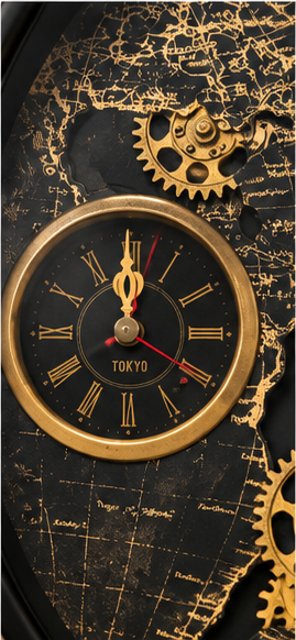 Black world map gear wall clock with gold cogs and world time sub-dials, 40 cm - close-up of the Tokyo sub-dial