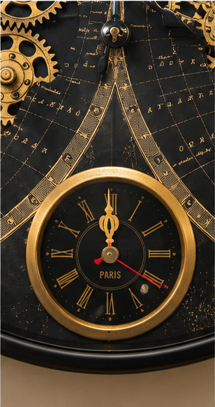 Black world map gear wall clock with gold cogs and world time sub-dials, 40 cm - close-up of the Paris sub-dial
