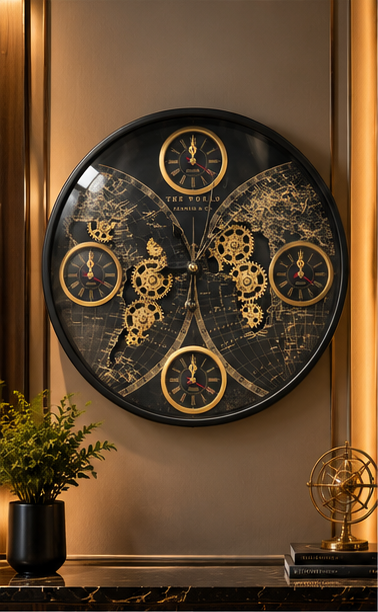 Black world map gear wall clock with gold cogs and world time sub-dials, 40 cm - styled above a console table