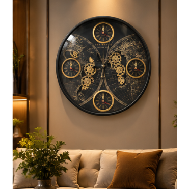 Black world map gear wall clock with gold cogs and world time sub-dials, 40 cm - styled in a living room
