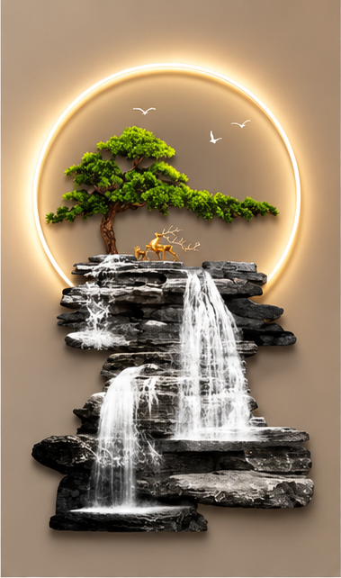 Bonsai and layered stone cliff waterfall LED wall art, 24 x 52 inch