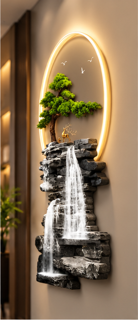 Bonsai and layered stone cliff waterfall LED wall art, 24 x 52 inch - angled view on the wall