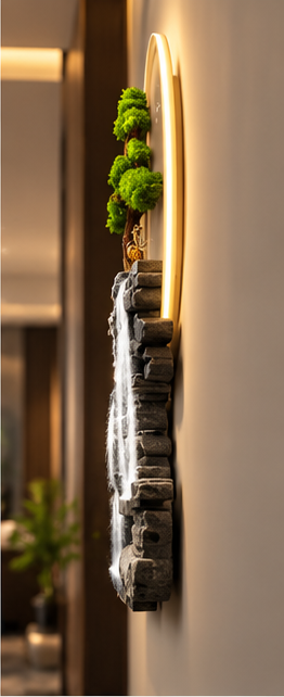 Bonsai and layered stone cliff waterfall LED wall art, 24 x 52 inch - side profile showing depth from the wall