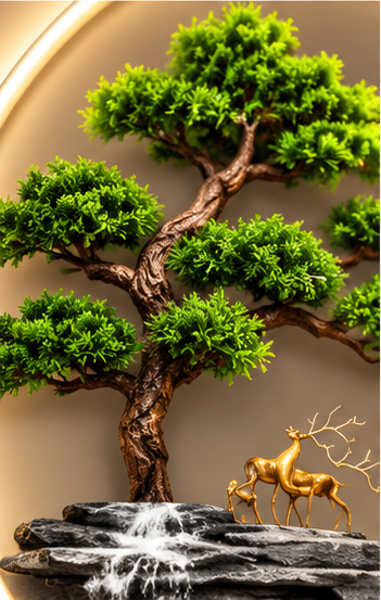 Bonsai and layered stone cliff waterfall LED wall art, 24 x 52 inch - close-up of the bonsai foliage