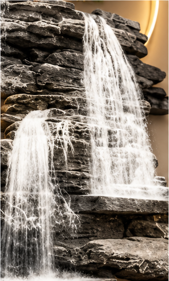 Bonsai and layered stone cliff waterfall LED wall art, 24 x 52 inch - close-up of the sculpted detail