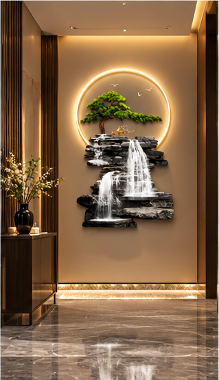 Bonsai and layered stone cliff waterfall LED wall art, 24 x 52 inch - close-up of the hanging LED rings
