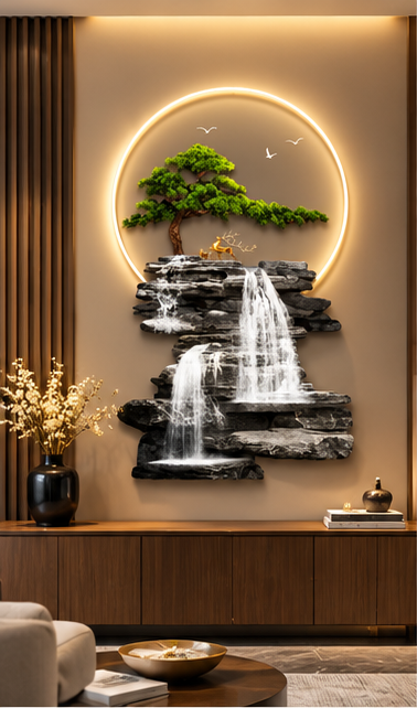 Bonsai and layered stone cliff waterfall LED wall art, 24 x 52 inch - styled above a console table