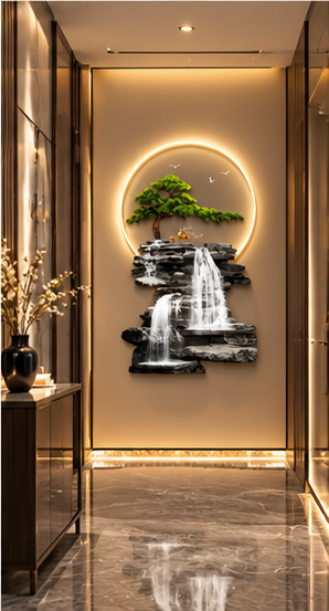 Bonsai and layered stone cliff waterfall LED wall art, 24 x 52 inch - styled in a living room