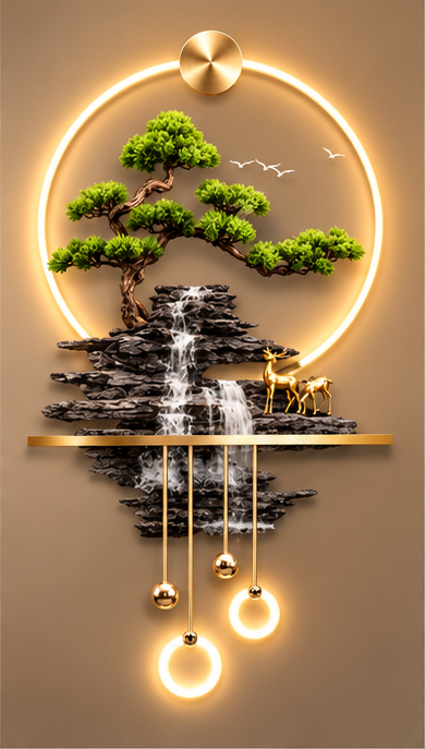 Bonsai over dark bark-textured waterfall LED wall art with gold shelf and LED rings, 24 x 52 inch