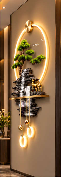 Bonsai over dark bark-textured waterfall LED wall art with gold shelf and LED rings, 24 x 52 inch - angled view on the wall