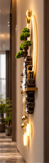 Bonsai over dark bark-textured waterfall LED wall art with gold shelf and LED rings, 24 x 52 inch - side profile showing depth from the wall