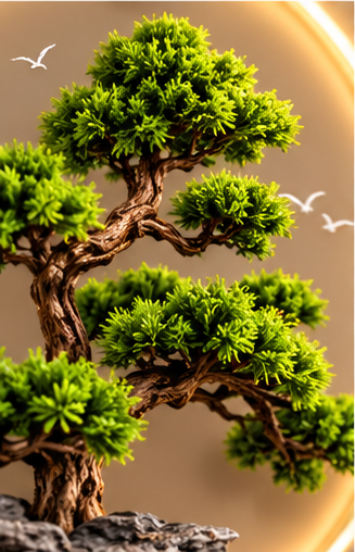 Bonsai over dark bark-textured waterfall LED wall art with gold shelf and LED rings, 24 x 52 inch - close-up of the bonsai foliage