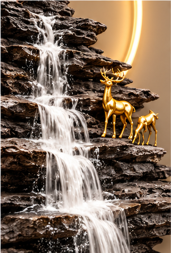 Bonsai over dark bark-textured waterfall LED wall art with gold shelf and LED rings, 24 x 52 inch - close-up of the sculpted detail