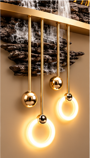 Bonsai over dark bark-textured waterfall LED wall art with gold shelf and LED rings, 24 x 52 inch - close-up of the hanging LED rings
