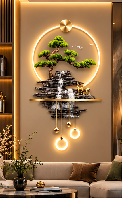 Bonsai over dark bark-textured waterfall LED wall art with gold shelf and LED rings, 24 x 52 inch - styled above a console table
