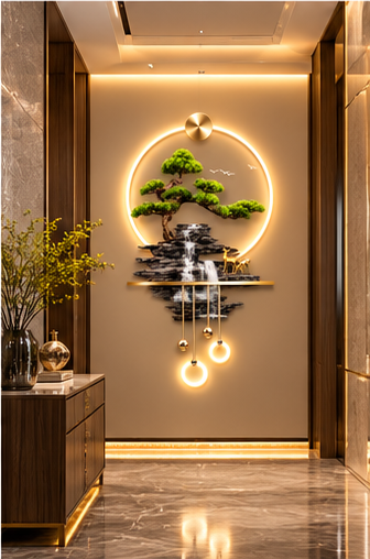 Bonsai over dark bark-textured waterfall LED wall art with gold shelf and LED rings, 24 x 52 inch - styled in a living room